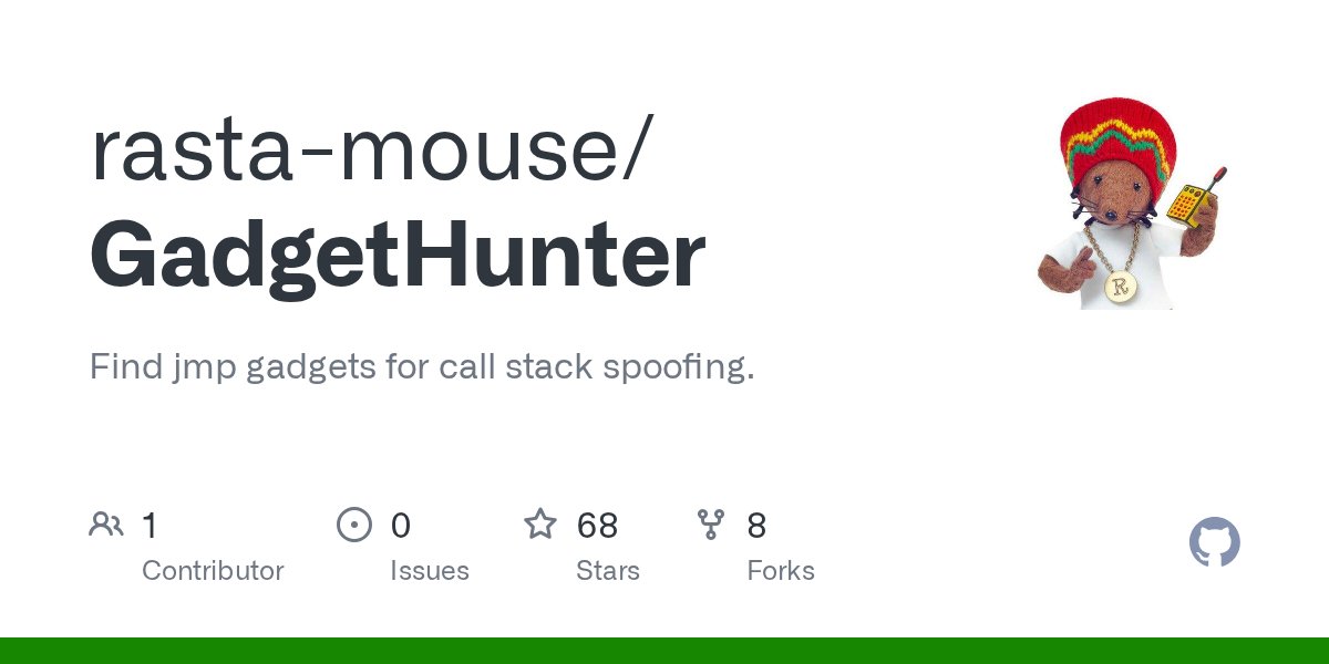 _RastaMouse's tweet card. Find jmp gadgets for call stack spoofing. Contribute to rasta-mouse/GadgetHunter development by creating an account on GitHub.