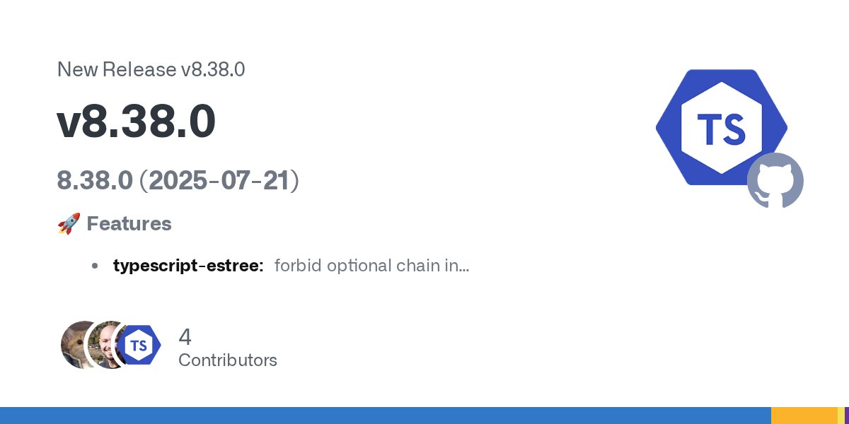 tseslint's tweet card. 8.38.0 (2025-07-21) 🚀 Features typescript-estree: forbid optional chain in TemplateTaggedLiteral (#11391) 🩹 Fixes disallow extra properties in rule options (#11397) eslint-plugin: [consistent-ge...