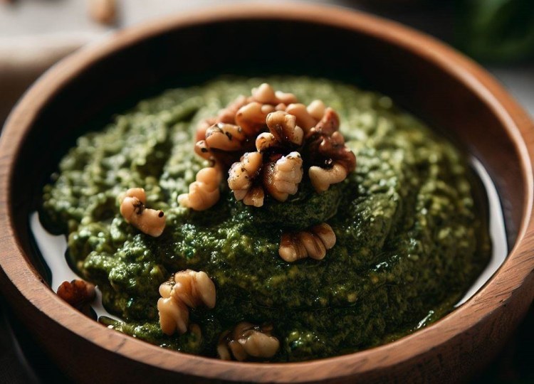 ForagingNetwork's tweet card. Indulge your taste buds with a sensational burst of flavours in this delectable Foraged Wild Garlic Pesto with Walnuts.
