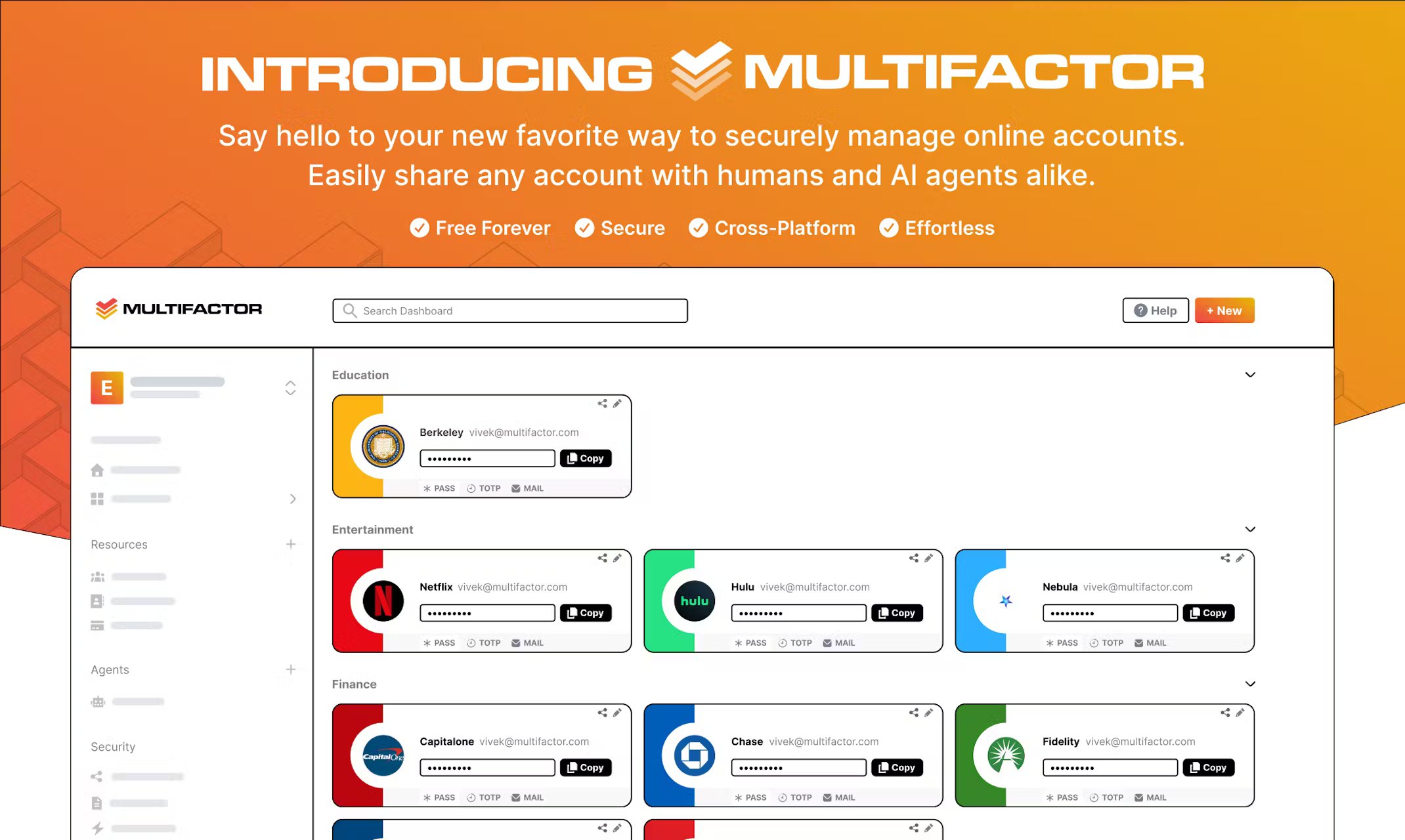 ycombinator's tweet card. Multifactor lets you share online accounts securely without exposing passwords, just by sending a link. Import from LastPass, Apple, or Google with one click, then let humans and AI agents use your...