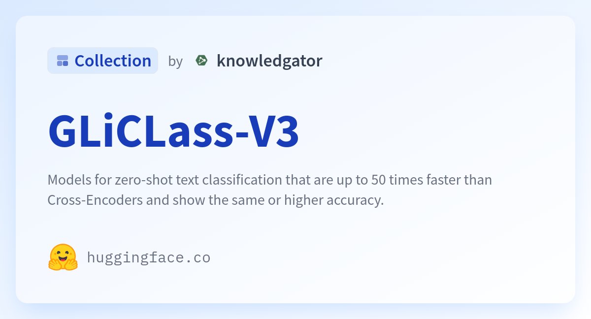 knowledgator's tweet card. GLiCLass-V3 - a knowledgator Collection