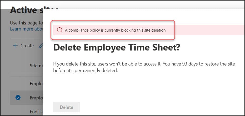 fewlines4biju's tweet card. This tutorial explains how to fix "A compliance policy is currently blocking this site deletion" in SharePoint step by step.