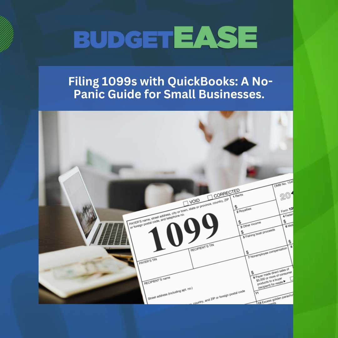 BudgetEaseBiz's tweet card. Simplify 1099 season with QuickBooks. Learn who needs a 1099, how to file, and tips to make tax time stress-free for your small business