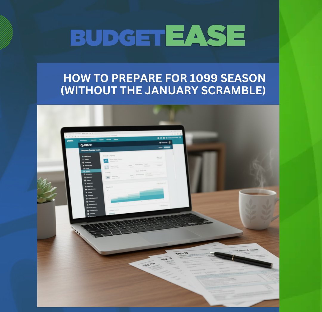 BudgetEaseBiz's tweet card. Make 1099 season stress-free with BudgetEase. Learn QuickBooks tips to track vendors, organize W-9s, and simplify tax time for small businesses.
