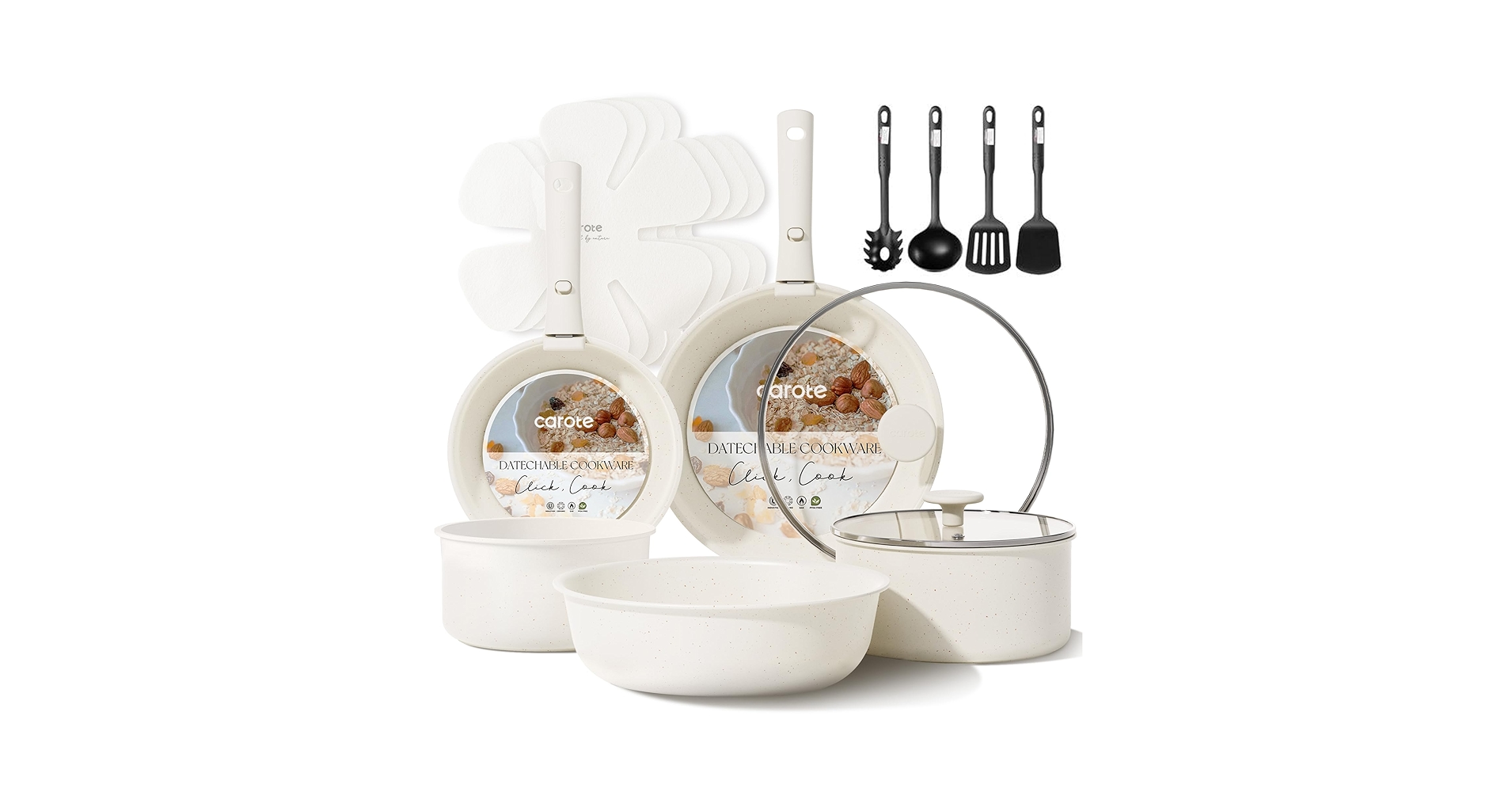 Ahmedsa27416989's tweet card. 11-Piece Cookware Set: The pots and pans set includes 2 * frying pan (20cm, 26cm), 2 * saucepan (18cm/1.8L & 20cm/2.6L), a 26cm(2.4L) saute pan, 2 *removable handles, 2 *glass lid with silicone...