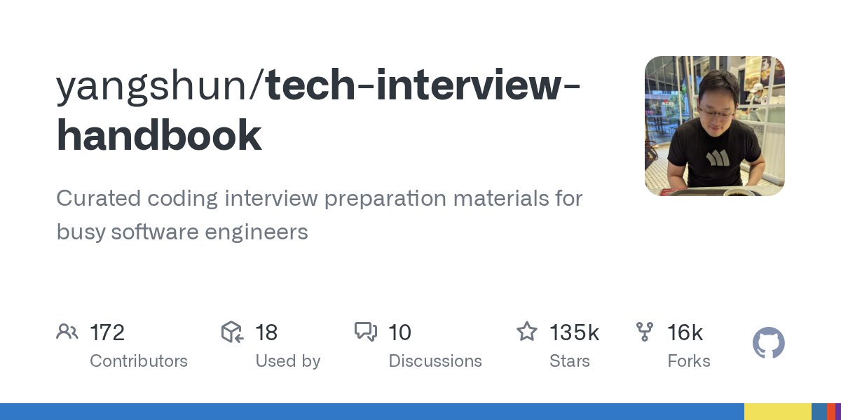 GitHubGPT's tweet card. Curated coding interview preparation materials for busy software engineers - yangshun/tech-interview-handbook