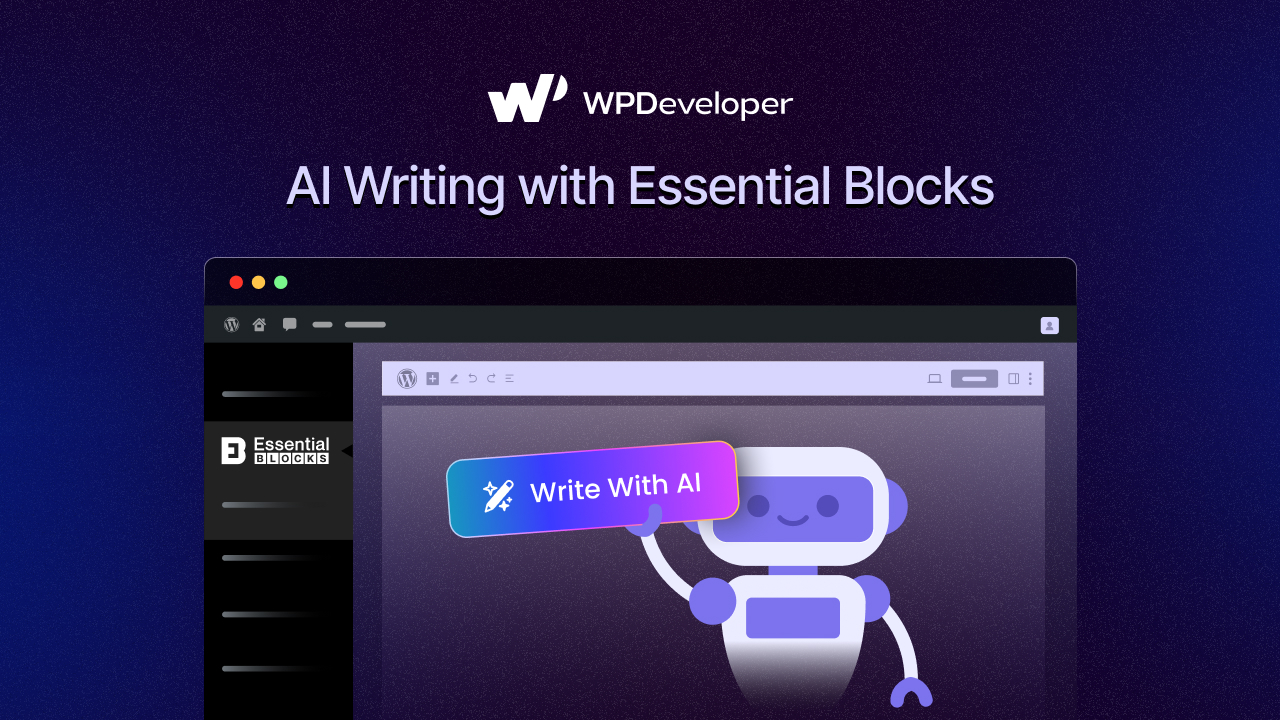 WPDevTeam's tweet card. Learn to create website content with AI using Essential Blocks to work faster, boost quality and publish more with less effort.