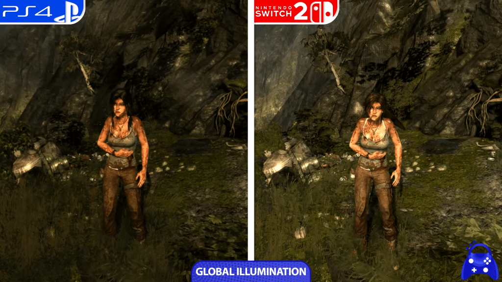 VoxelTwisted's tweet card. Digital Foundry reports a major visual downgrade in Tomb Raider on Switch 2, noting reduced shadows, missing effects, and trimmed foliage despite stable 60 FPS performance.