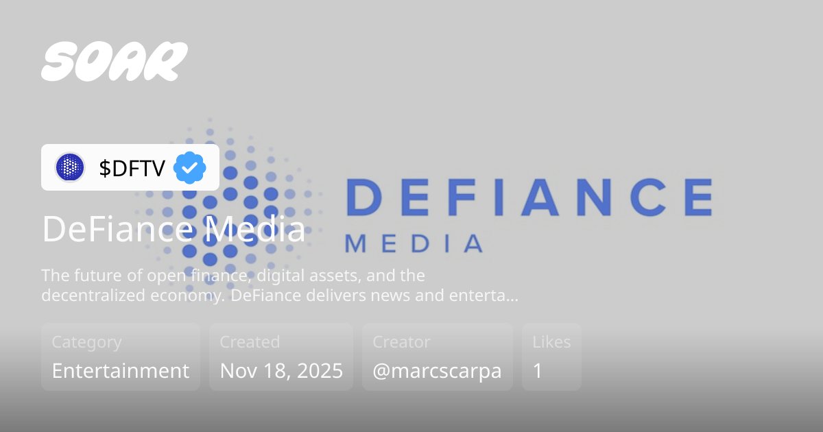defiancemediatv's tweet card. The future of open finance, digital assets, and the decentralized economy. DeFiance delivers news and entertainment to 80 million households across streaming Television, mobile, desktop, and satell...