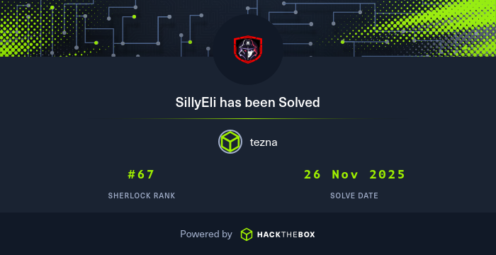 tresscrossnet's tweet card. I have just solved sherlock SillyEli from Hack The Box