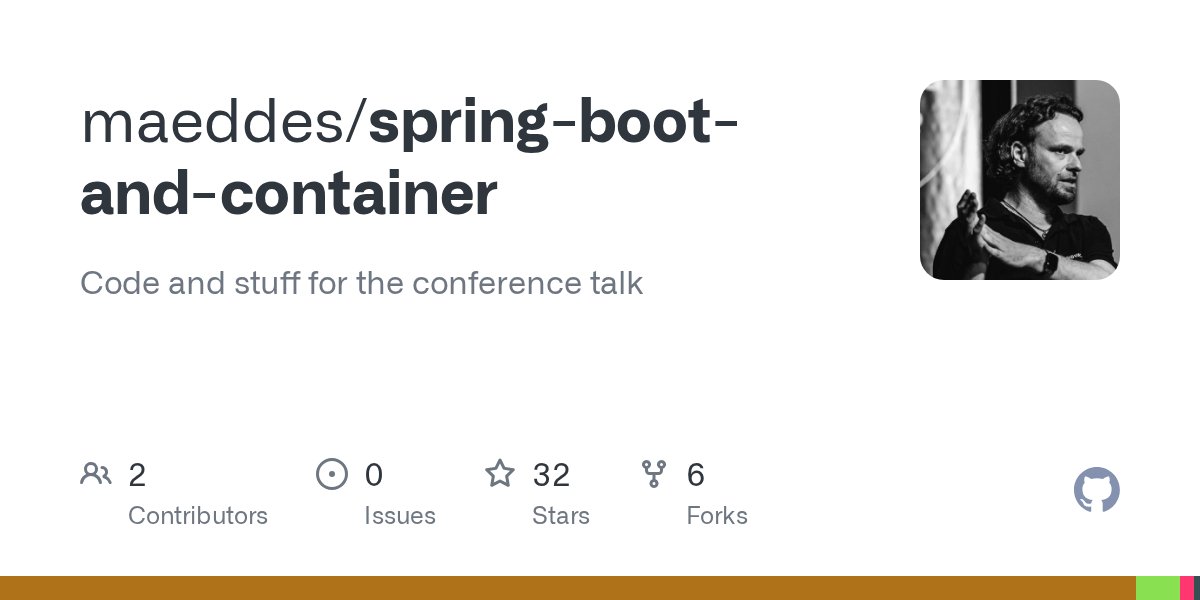 spring_io's tweet card. Code and stuff for the conference talk. Contribute to maeddes/spring-boot-and-container development by creating an account on GitHub.
