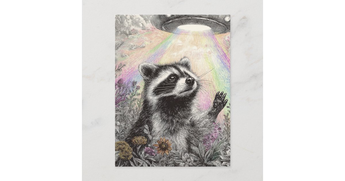 angelandspot's tweet card. A Raccoon in a Wildflower meadow with a UFO