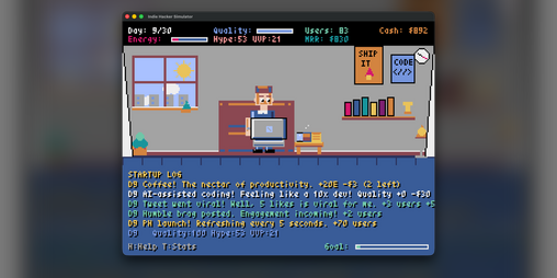 BorixoMobile's tweet card. Build your startup to $10K MRR in 30 days! Code, market, and hustle in this retro simulation game. Play in your browser