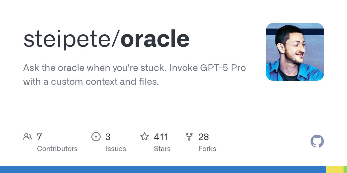 PaulSolt's tweet card. Ask the oracle when you're stuck. Invoke GPT-5 Pro with a custom context and files. - steipete/oracle