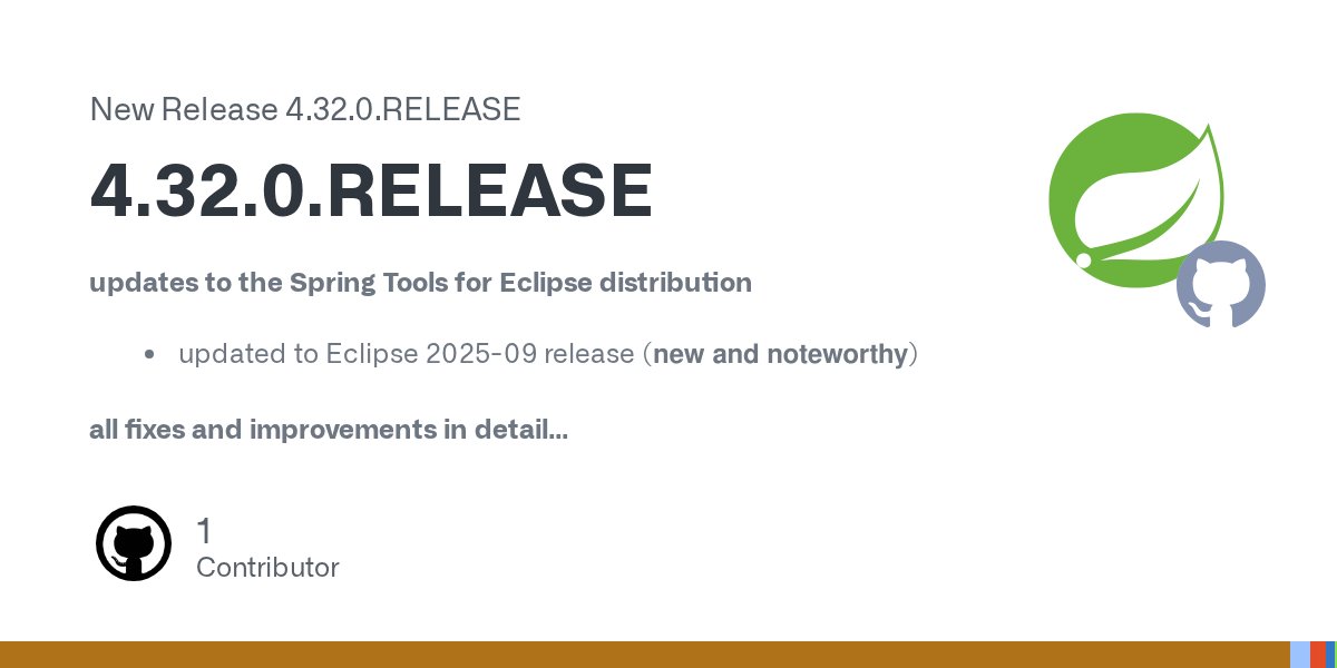 springtools4's tweet card. updates to the Spring Tools for Eclipse distribution updated to Eclipse 2025-09 release (new and noteworthy) all fixes and improvements in detail (Spring Boot) [backport to 4.x] [aot repositorie...