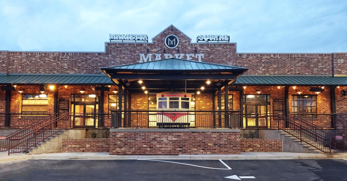 EaterAtlanta's tweet card. Marietta Square Market food hall includes 17 restaurants and food stalls near the Cobb County city’s historic town square