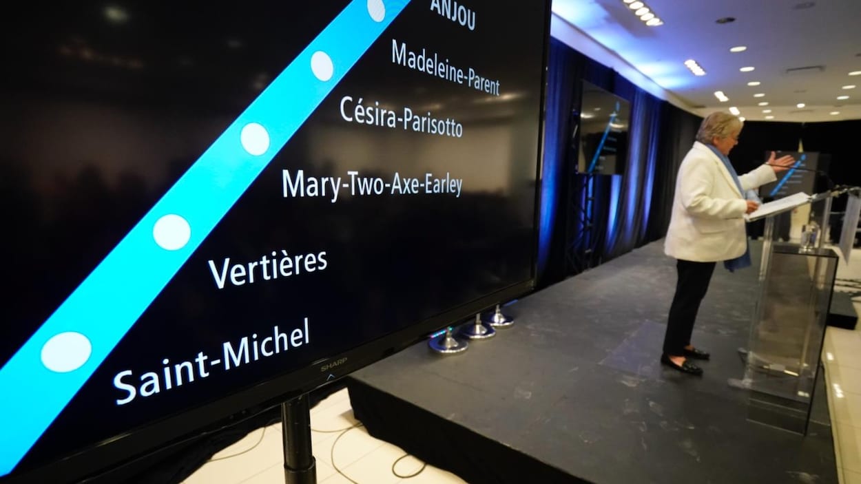 Robert_Deragon's tweet card. Les nouvelles stations de la ligne bleue du métro seront « Vertières », « Mary-Two-Axe-Earley », « Césira-Pasirotto », « Madeleine-Parent » et « Anjou ».