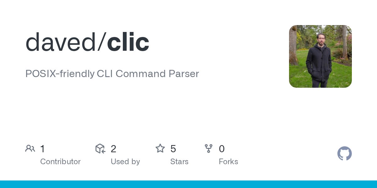 daveddev's tweet card. POSIX-friendly CLI Command Parser. Contribute to daved/clic development by creating an account on GitHub.