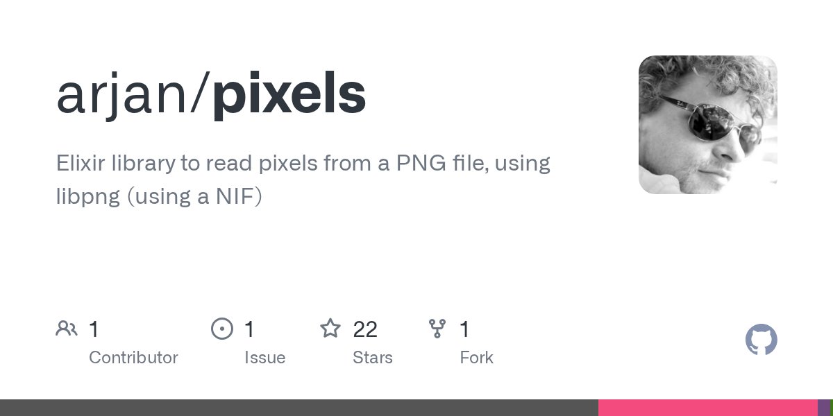 elixirweekly's tweet card. Elixir library to read pixels from a PNG file, using libpng (using a NIF) - arjan/pixels