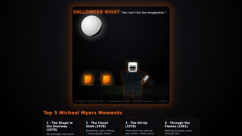 _JSCeee's tweet card. A spooky tribute to my favorite horror icon, Michael Myers. Happy #CodePenChallenge 👻🔪...