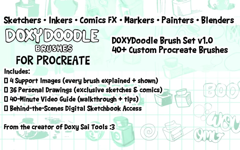 doxyonta's tweet card. The DOXYDoodle Brush Set for Procreate — Ver 1.0From the creator of the Doxy Sai Tools — one of the most downloaded and passed-around brush packs of the last 15 years — comes a brand-new set made f...