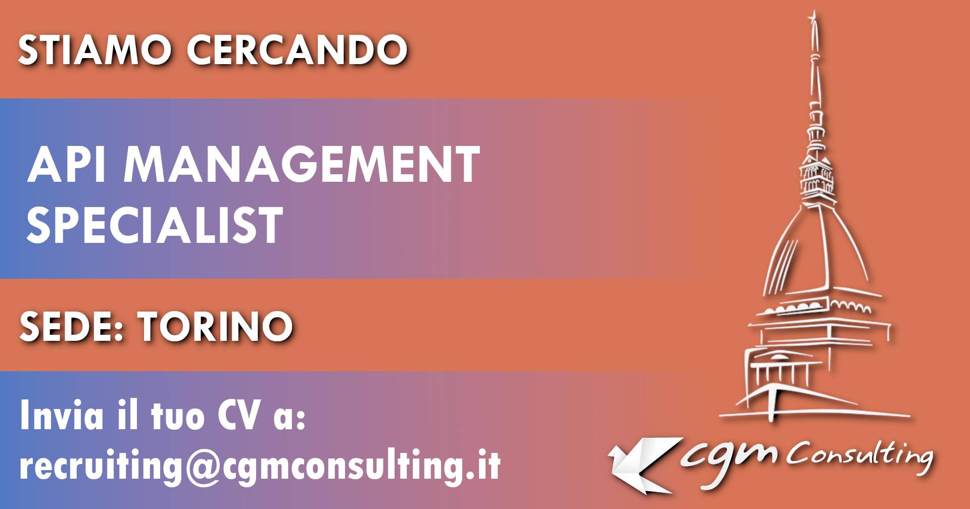 CGMConsulting's tweet card. CGM Consulting ricerca con urgenza API Management Specialist a Torino da inserire immediatamente in una prestigiosa azienda multinazionale.