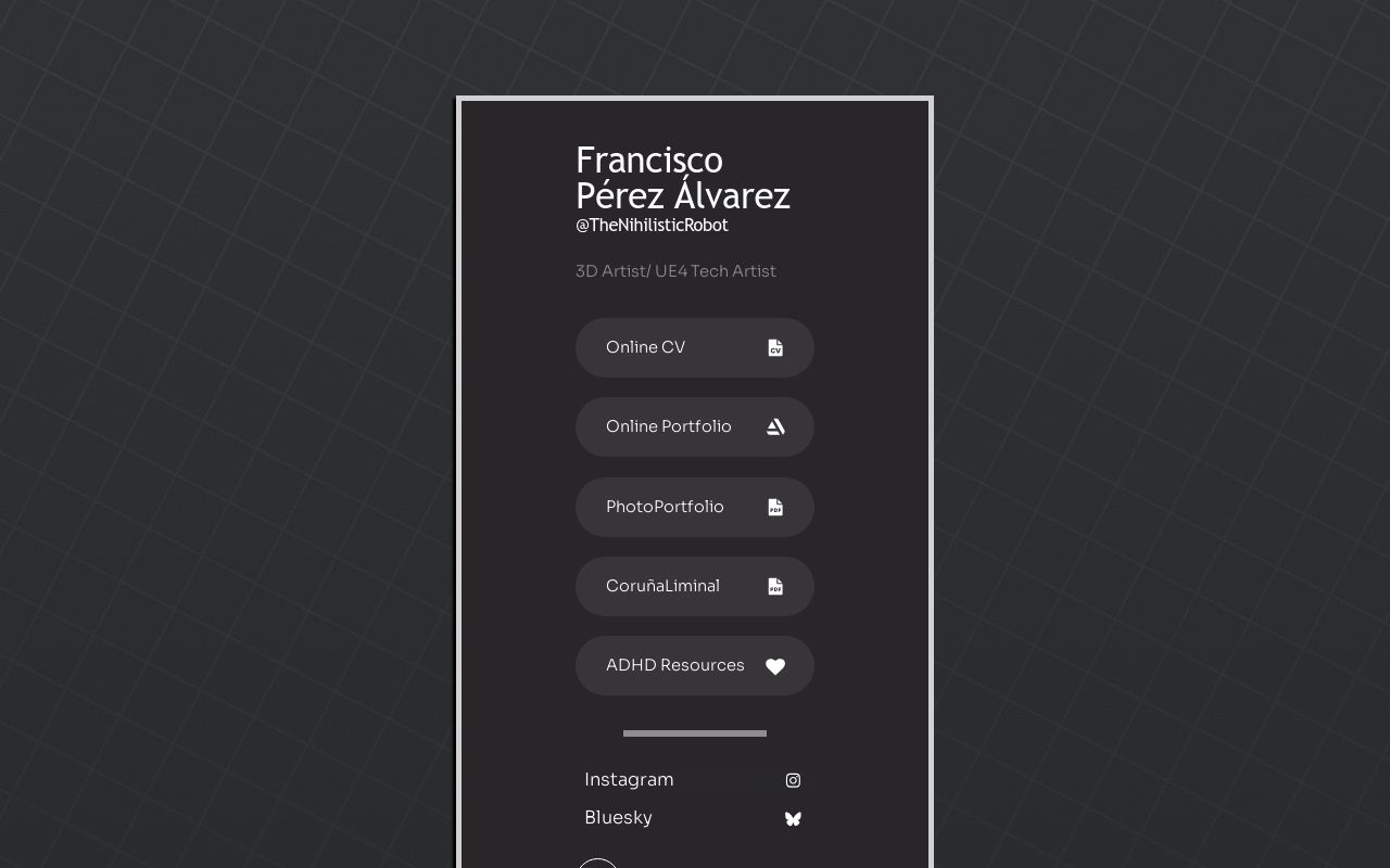 NhilisticRobot's tweet card. CV, portfolio, and socials of Francisco Pérez Álvarez. 3D artist and Unreal tech artist.