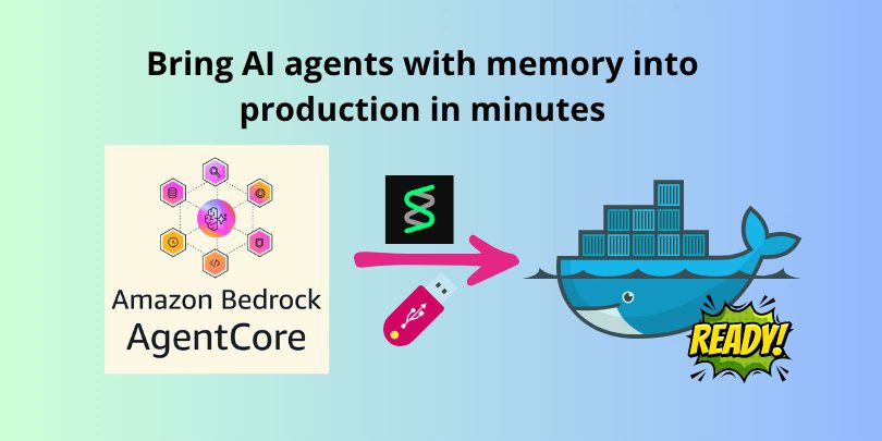 DockerTrends's tweet card. Desplegaste tu primer agente de IA en producción con AgentCore Runtime. Funciona perfectamente dentro de las conversaciones. AgentCore Runtime ya proporciona memoria a corto plazo - tu agente recue...