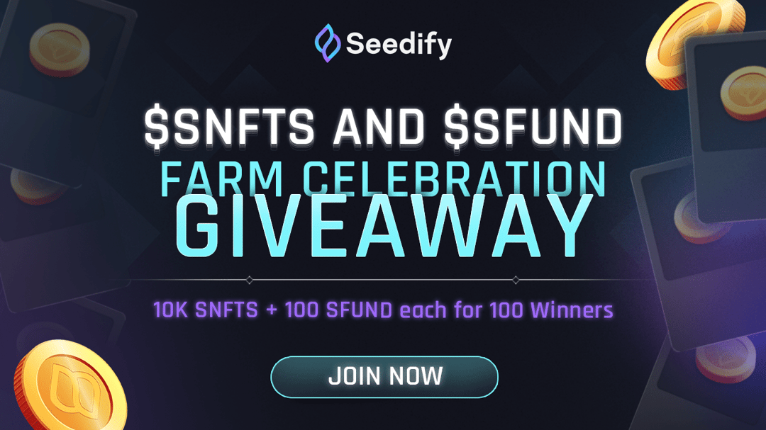 SeedifyFund's tweet card. Welcome to the $SNFTS / $SFUND Farm Celebration Giveaway 🎉 1 million $SNFTS and 10,000 $SFUND 🙀 🎉 To celebrate our upcoming $SNFTS airdrop and the highly rewarding farming pools, we're giving away...