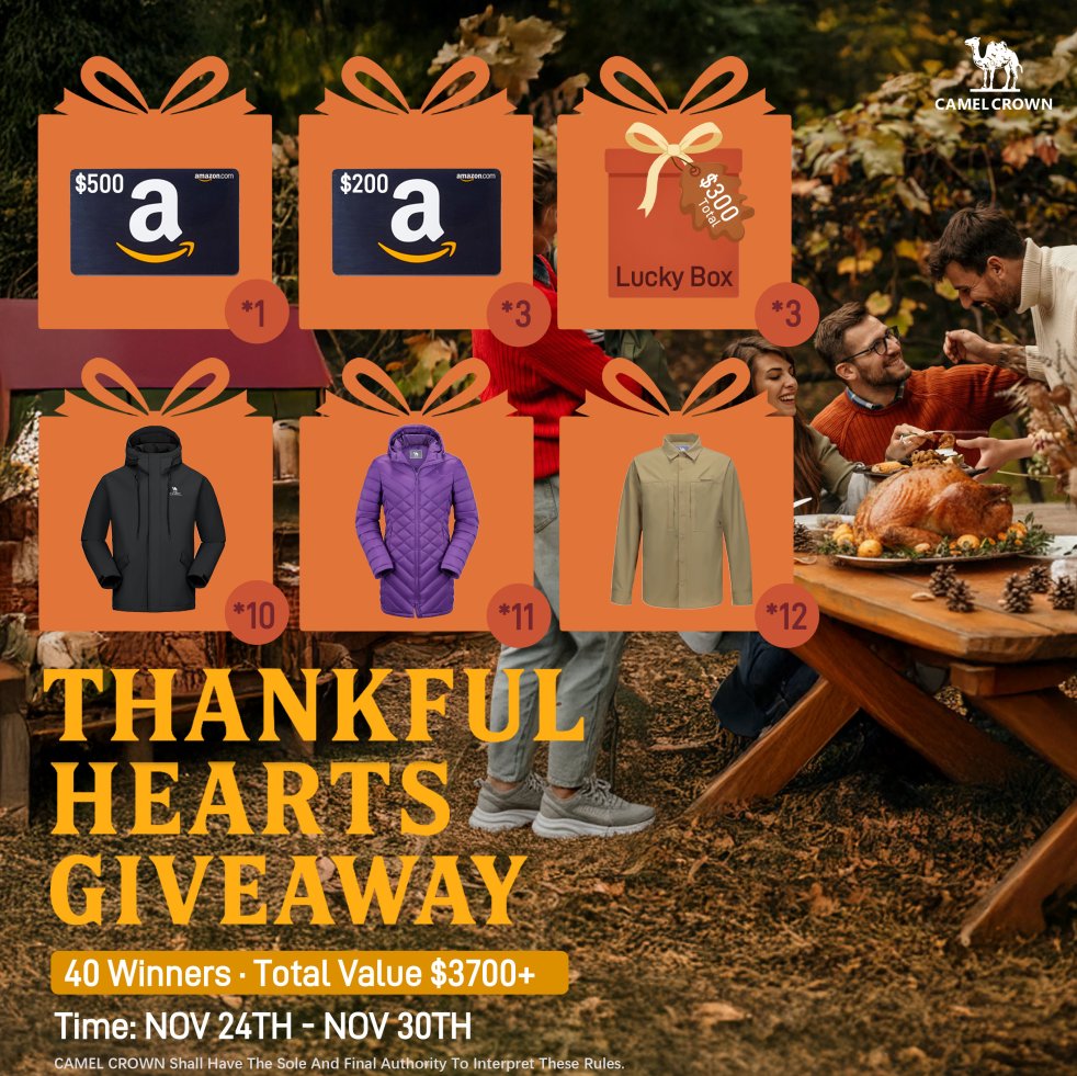 andrew_ughh's tweet card. Enter the THANKFUL HEARTS GIVEAWAY for a chance to win $500 Amazon Gift Card! Hosted by Cameloutdoorus, this giveaway ends on November 30, 2025. Complete simple actions to boost your chances of...