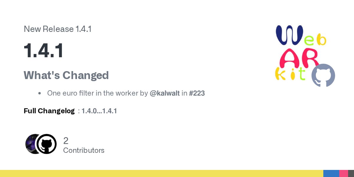 WebarkitO's tweet card. What's Changed One euro filter in the worker by @kalwalt in #223 Full Changelog: 1.4.0...1.4.1