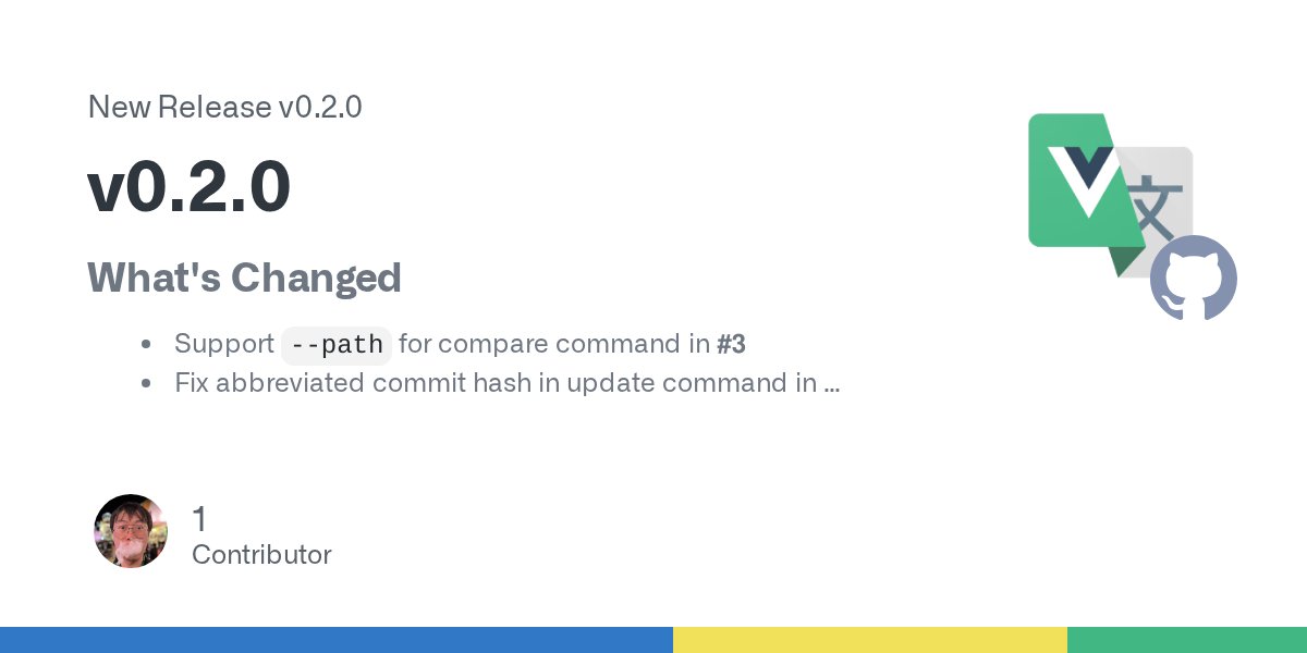 vue_translation's tweet card. What's Changed Support --path for compare command in #3 Fix abbreviated commit hash in update command in #3 Full Changelog: v0.1.3...v0.2.0