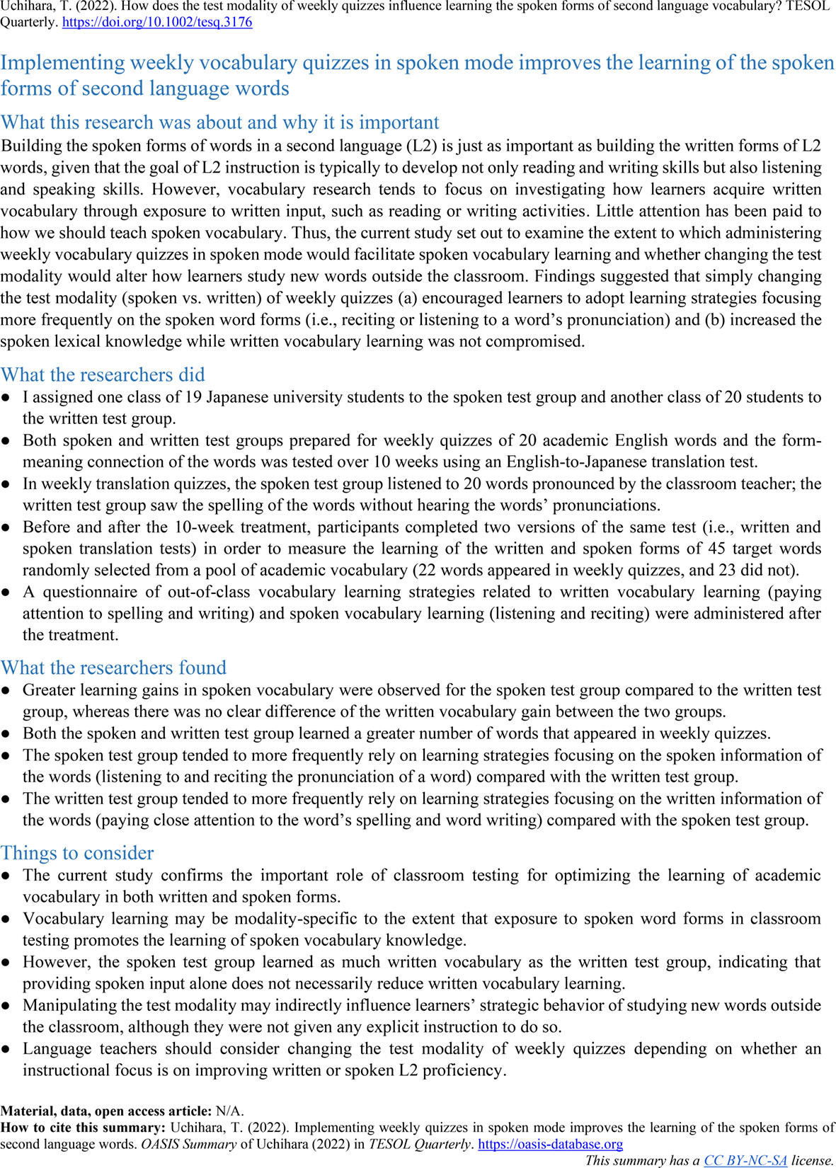 L2SpeechTools's tweet card. The study investigates how the test modality (spoken or written) of classroom weekly quizzes influences vocabulary learning strategies and facilitates learning the spoken and written knowledge of...