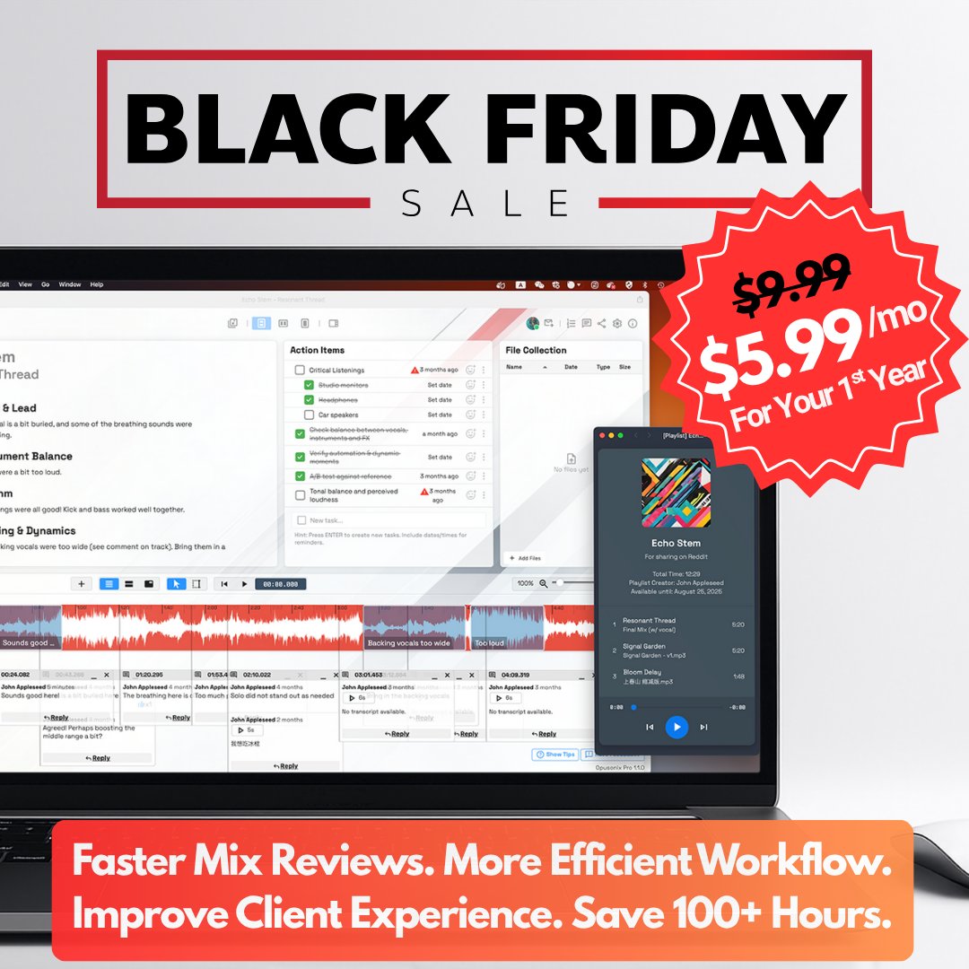 opusonix's tweet card. This Black Friday, get Opusonix Pro for just $5.99/month for your first year. Streamline mix reviews, improve client collaboration, and save 100+ studio hours. Use code BF2025 or start instantly at...