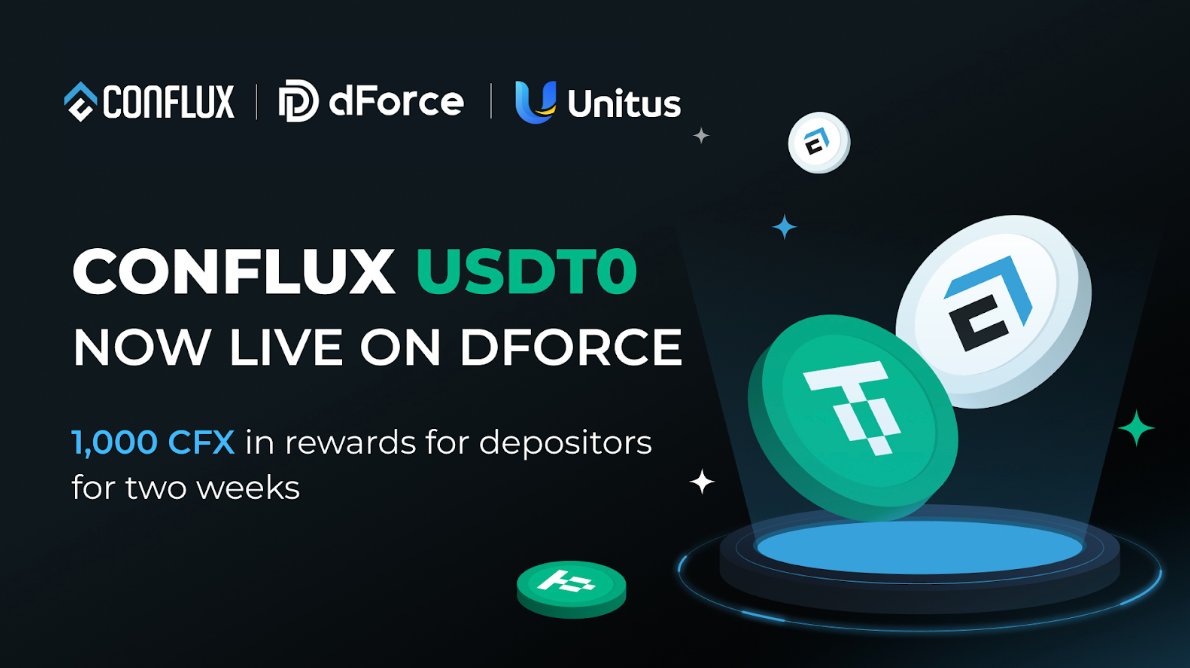 Conflux_Network's tweet card. Announcing USDT0's integration into dForce’s ecosystem and Unitus Finance’s launch of a USDT0 lending pool on Conflux eSpace.