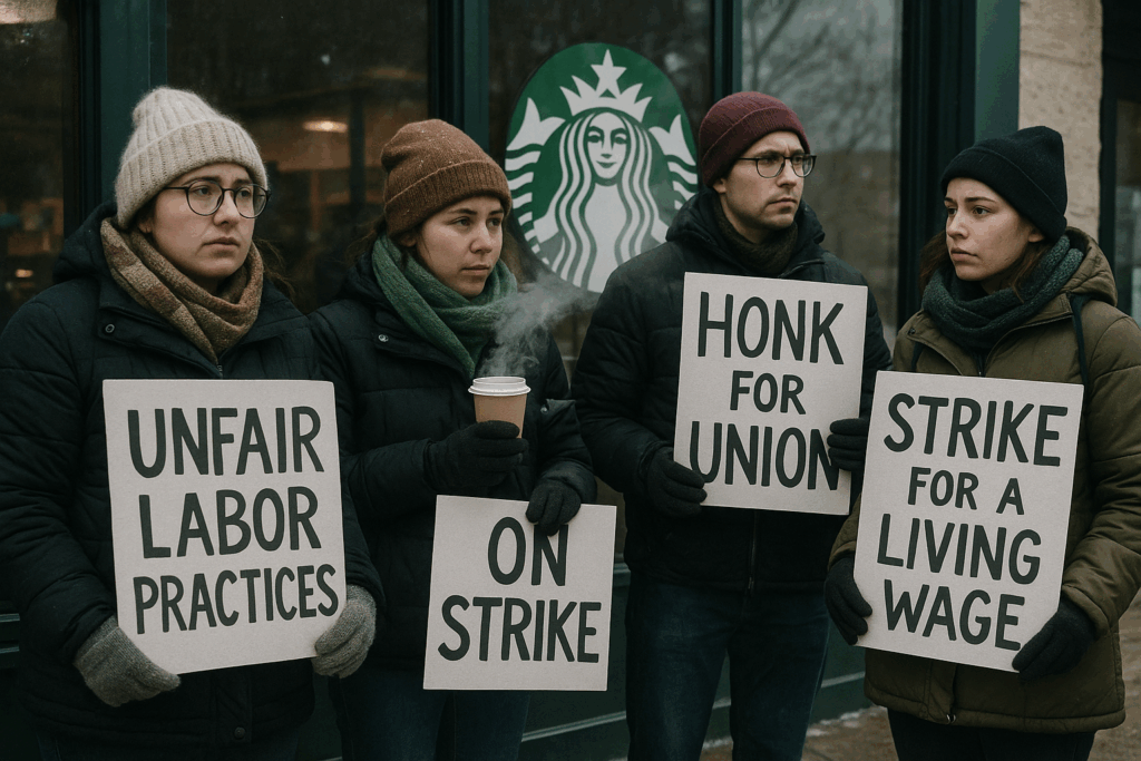 TheInformantUSA's tweet card. UNIONIZED WORKERS PUSH FOR CONTRACT DEAL AS LABOR UNREST THREATENS TURNAROUND PLAN SEATTLE — November 12, 2025. Starbucks is facing a surging barista strike across multiple U.S. cities, a labor...