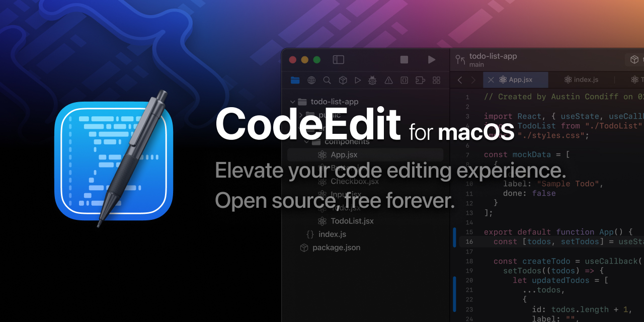 CodeEditApp's tweet card. 📝 CodeEdit App for macOS – Elevate your code editing experience. Open source, free forever. - CodeEditApp/CodeEdit