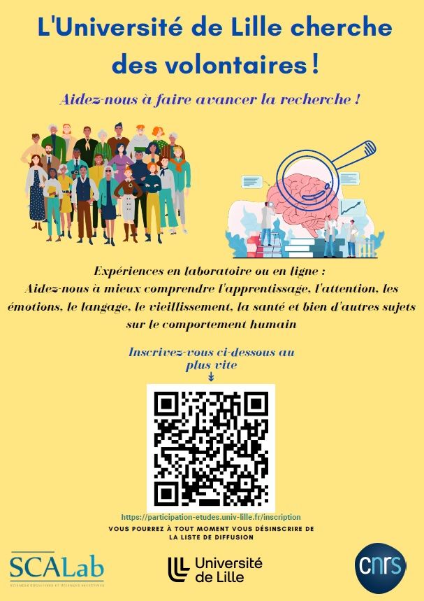 Scalab_umr's tweet card. Pour participer des études en psychologie, n'hésitez pas à faire un tour sur notre plateforme ! Vous serez informés régulièrement des expériences en cours ! >>> https://lnkd.in/dcYagUSp