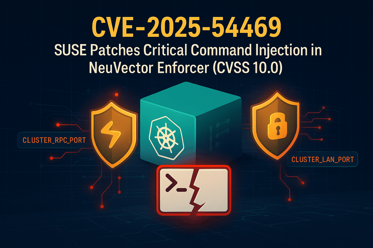 the_yellow_fall's tweet card. SUSE patched a Critical RCE flaw (CVE-2025-54469, CVSS 10.0) in NeuVector Enforcer that allows attackers to inject commands via unsanitized environment variables, risking container root shell access.