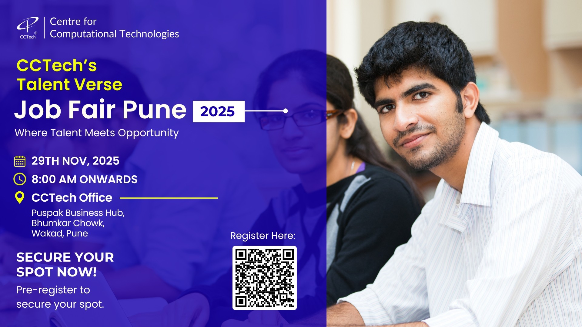 CCTech_India's tweet card. CCTech Talent Verse Pune Job Fair on Nov 29. Immediate interviews for Full Stack, AI, Computational Engineering, and Management roles. Work on Deep-Tech cloud products. Register now!