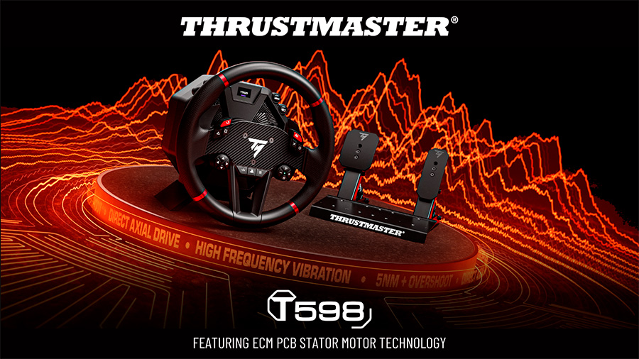 pcbstator's tweet card. Thrustmaster y ECM lanzan el T598, un volante simracing con motor axial sin cogging, torque de 5 Nm y sin refrigeración activa.
