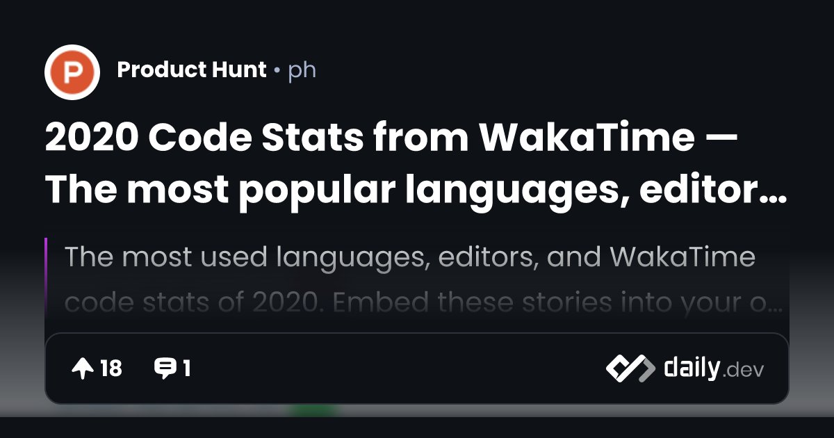 dailydotdev's tweet card. The most used languages, editors, and WakaTime code stats of 2020. Embed these stories into your own stories and share them with the rest of the world. Share your stories with CNN iReport. Send your...