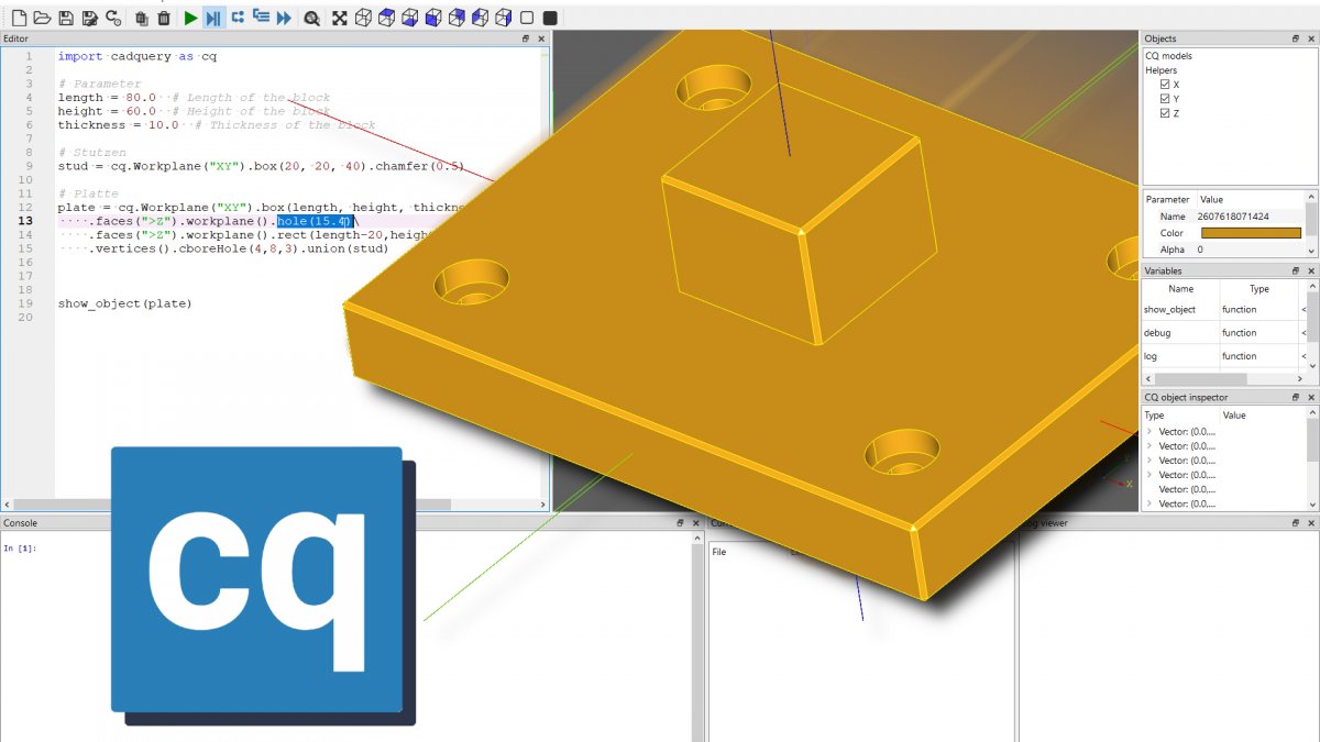 Cultcoders's tweet card. Mit CadQuery programmiert man 3D-Objekte für CAD, CNC und 3D-Druck in Python, dabei bietet es viel Vorteile gegenüber dem Platzhirsch OpenSCAD.