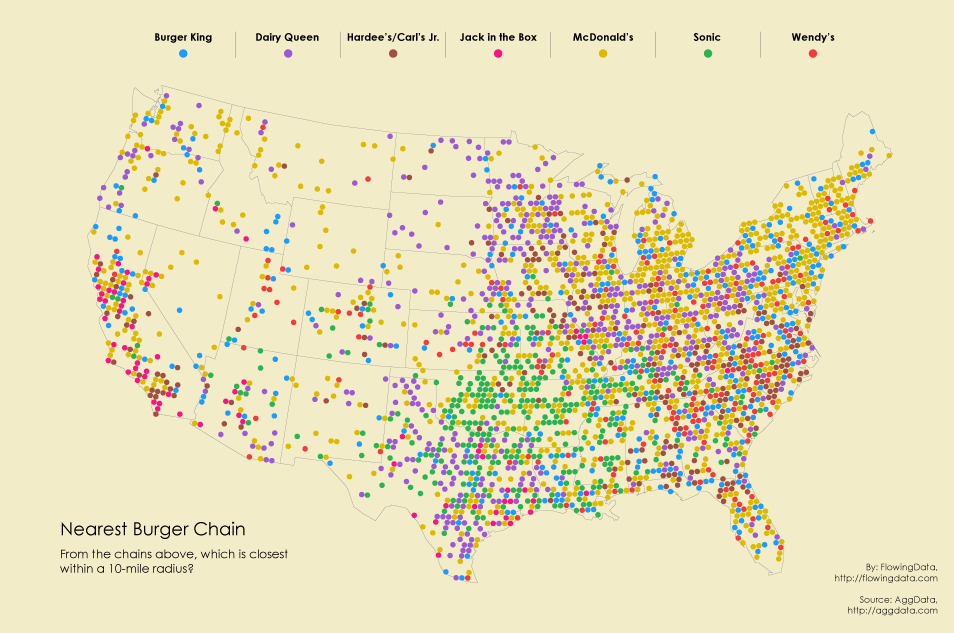 Spatialtree's tweet card. After looking at pizza places, coffee, and grocery stores, I had to look at burger chains across the country. The data was just sitting there.