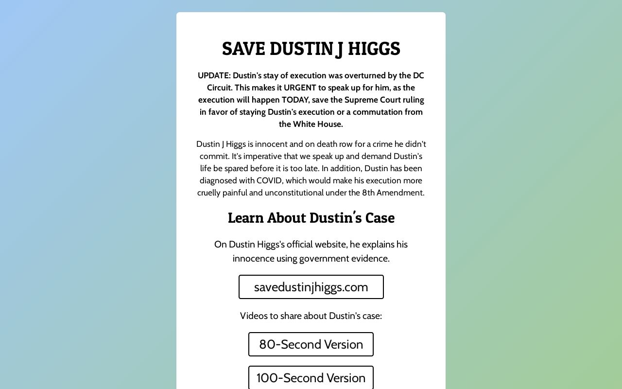 mxmtoon's tweet card. A compiled list of actions and information useful in saving innocent man Dustin J Higgs from federal execution.