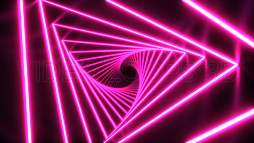 videoloops3d's tweet card. In this extraordinary video loop, witness the hypnotic dance of neon triangles, elegantly twisting and turning in perfect synchronization. The kaleidoscope of vibrant colors that adorn these triang...
