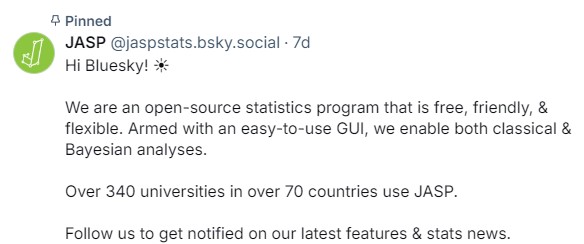 JASPStats's tweet card. The social media landscape presents some recent challenges. Specifically, what was once Twitter –a popular though not perfect medium for exchanging ideas and having fun– has unfortunately morphed...