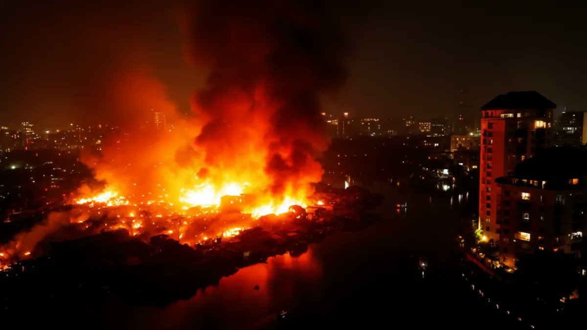 the_anntimes's tweet card. A devastating fire destroyed around 1,500 shanties in Dhaka’s Korail slum, displacing thousands of residents. Firefighters struggled to reach the area due to narrow alleys