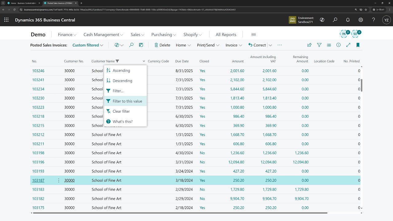 yzhums's tweet card. Business Central short video: Quick Filters (Filter to this Value and...