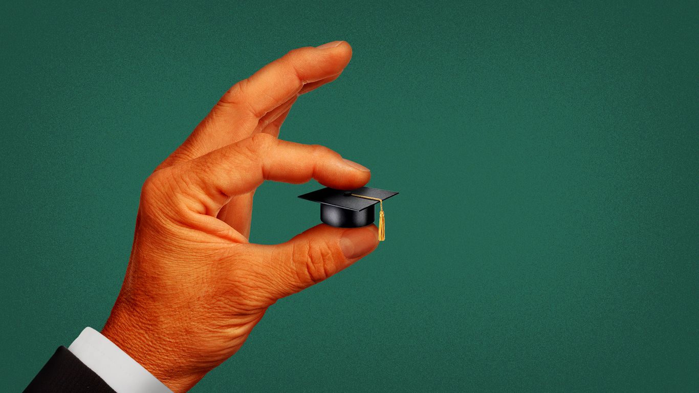 axios's tweet card. America graduates more Ph.D.s than any other country. They go on to invent things, cure diseases and win Nobel Prizes. But admission slots are disappearing.